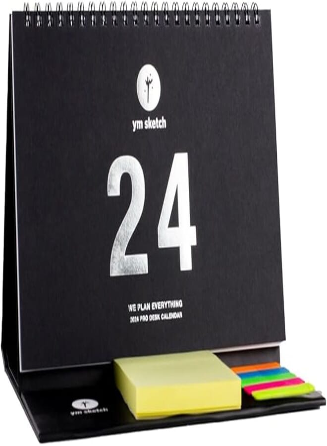 YM Sketch 2024 Pro Large Desk Calendar|14x21 cm Silver foil 250 gsm 12 Month Calendar spread |Sticky bookmarks and post it notes Gift for top CEO, Managers, Startups and Professionals